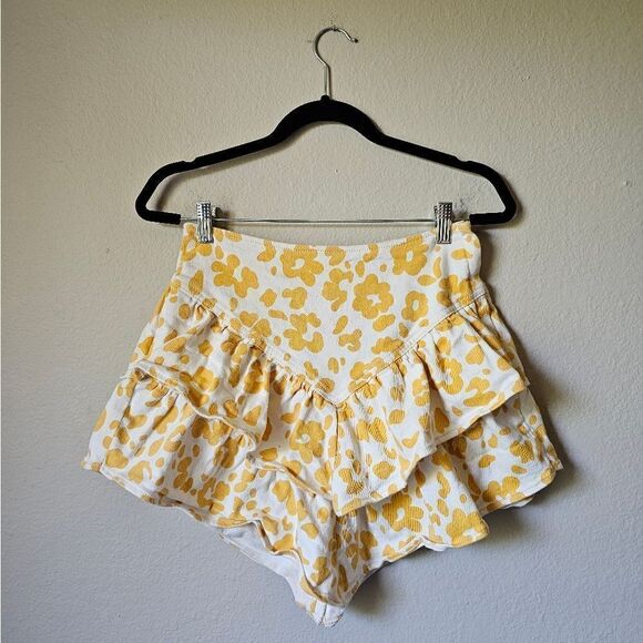Mother The Ruffle Denim White and Yellow Leopard Print Mini Skirt Size 28 - Picture 3 of 9